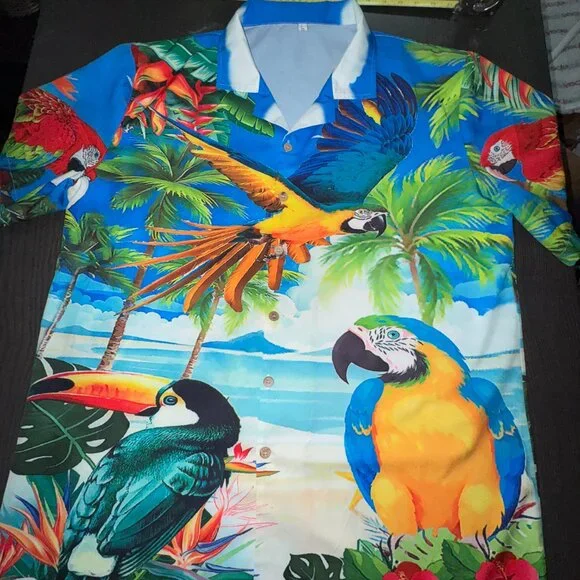 Men Hawaiian Shirt Parrots Toucan Palm Trees Short Sleeves Multicoloured size L - Picture 2 of 7